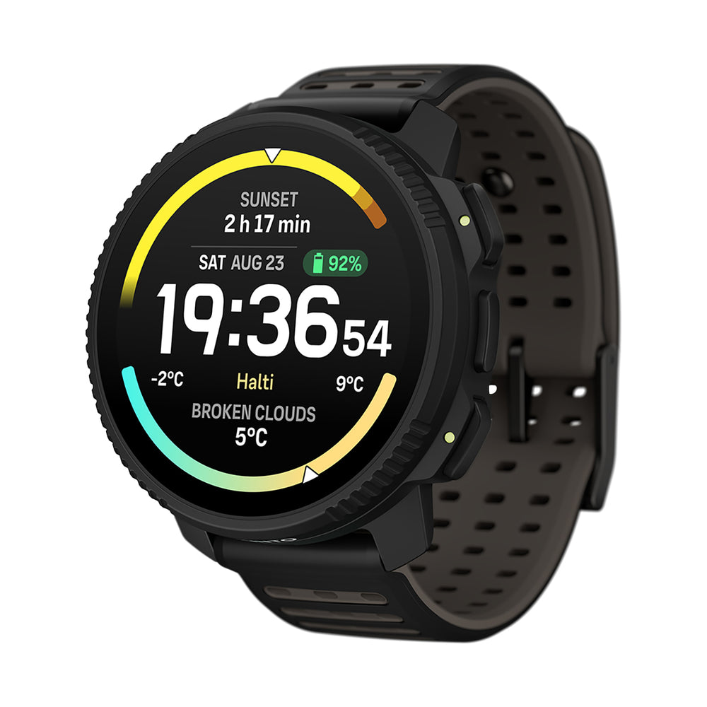 Reloj inteligente Suunto Vertical 2 en color negro con pantalla de entrenamiento sobre fondo blanco