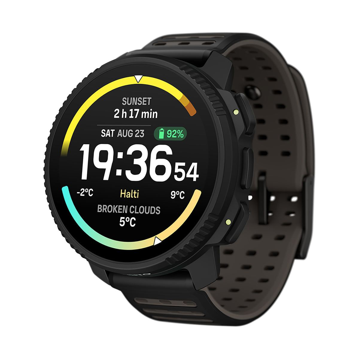 Reloj inteligente Suunto Vertical 2 en color negro con pantalla de entrenamiento sobre fondo blanco
