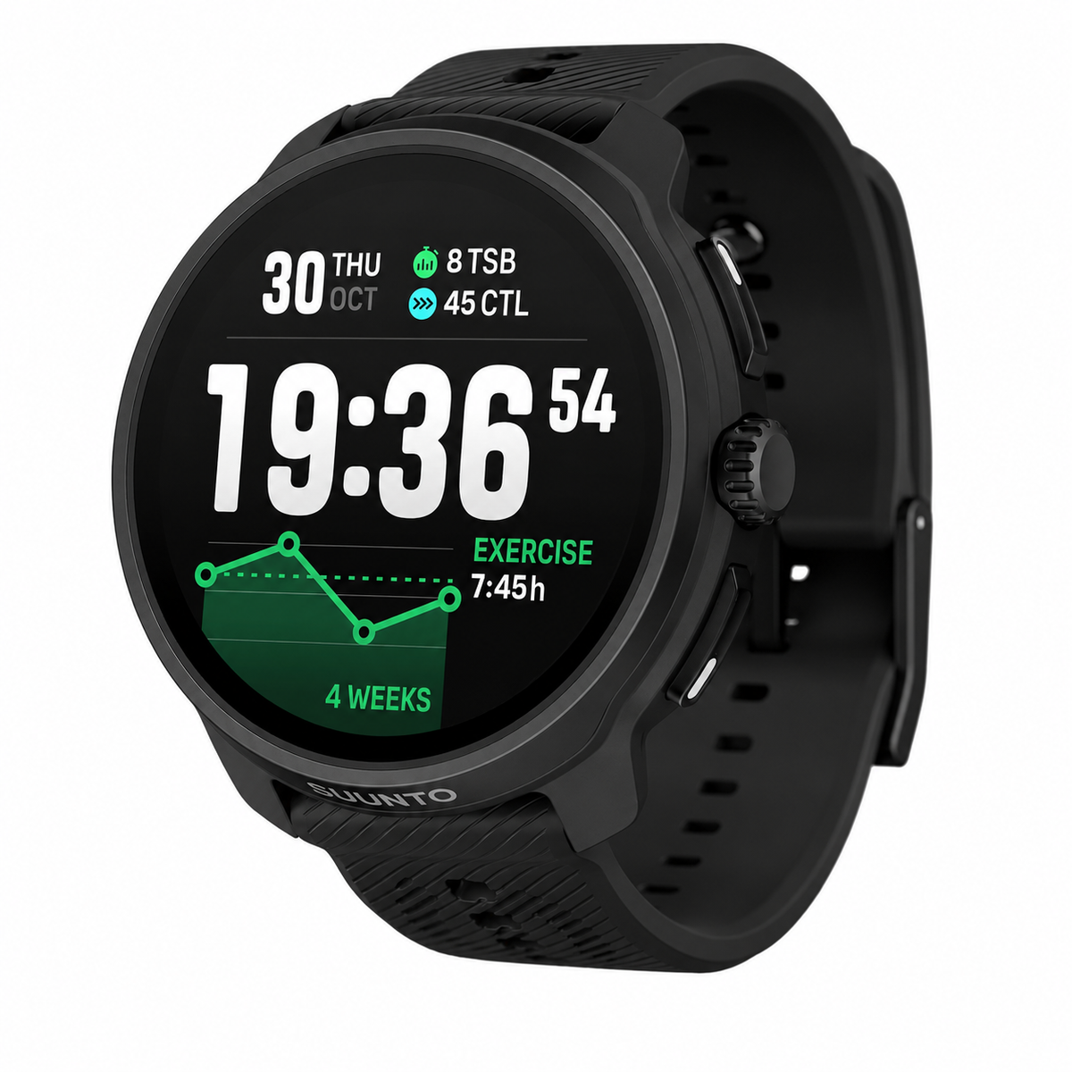 Reloj inteligente deportivo Suunto Race 2 en color negro sobre fondo blanco