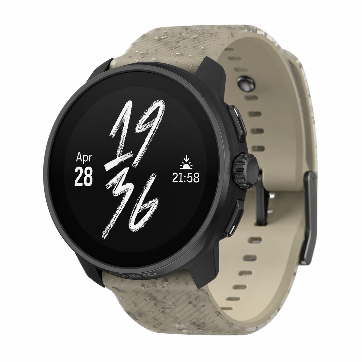 Reloj inteligente deportivo Suunto Race S con correa beige sobre fondo blanco